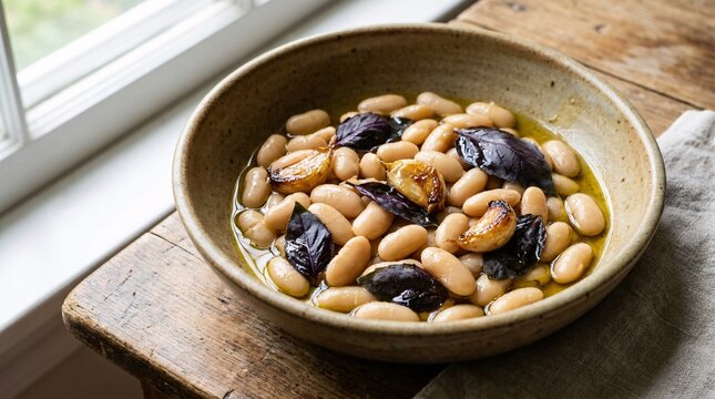 Rustic ceramic bowl holding creamy cannellini beans, vibrant purple basil, and golden roasted garlic in olive oil under soft window light.
