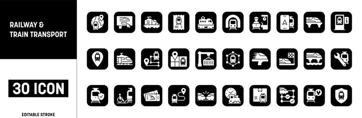 Railway and Train Transport Icon Set, Subway Metro Station, Locomotive Logistics, Public Transportation Services, Editable Stroke, Vector Illustration © berkahi
