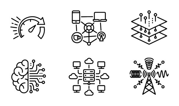 Technology Icons Set: AI Brain, Network Connectivity, Data Layers, Speedometer, Server Cloud, Wireless Tower