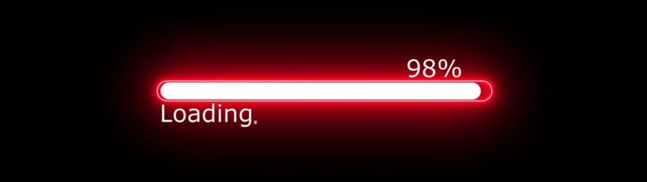 Neon red glowing loading progress bar animation with percentage counter on black background
