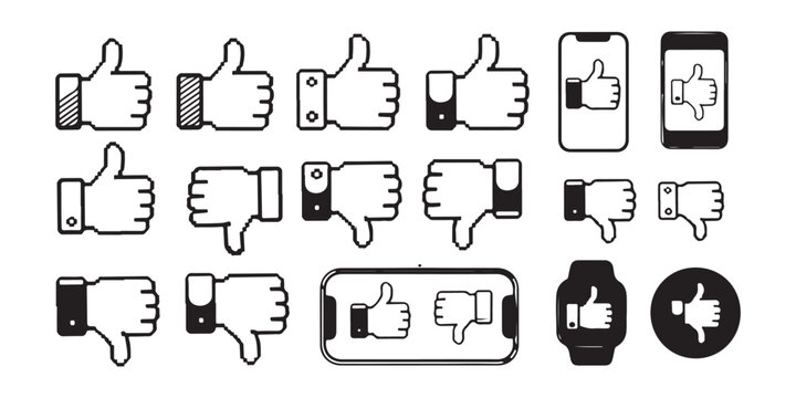 Set of black pixel and linear icons of like, dislike, and love on a transparent background.