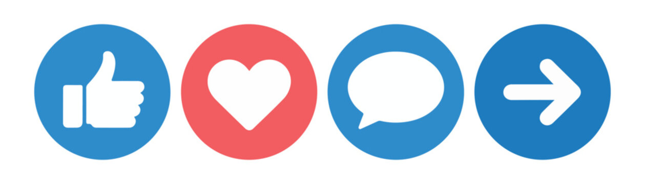 Social media reaction icons like button heart chat and share arrows on blue and red circles.