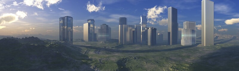 City among hills, skyscrapers on green hills, high-rise buildings on the horizon, panorama of skyscrapers, 3D rendering © ustas