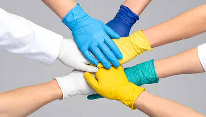 Obraz premium Diverse healthcare professionals showcase powerful teamwork and collective support, hands joined in unity, symbolizing global cooperation for public well-being and health