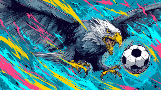 Dynamic eagle attacking soccer ball in usa world cup 2026 sports energy football with eagle logo