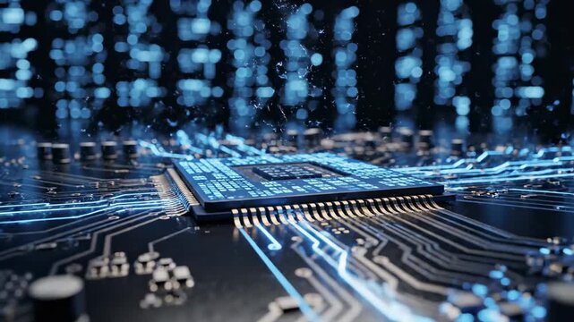 Futuristic CPU Power with blue energy lightning striking a central processor on a circuit board ideal for technology backgrounds and AI computing concepts.