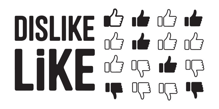Large text like and dislike with rows of thumbs up and thumbs down icons in black.