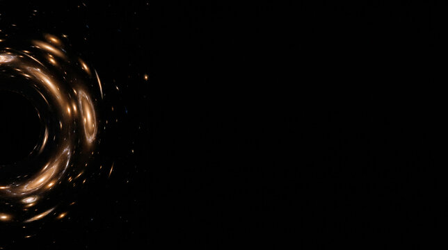 Gravitational lensing effects and distorted light rings in glowing amber and white clustered on the far left of a black studio background with copy space