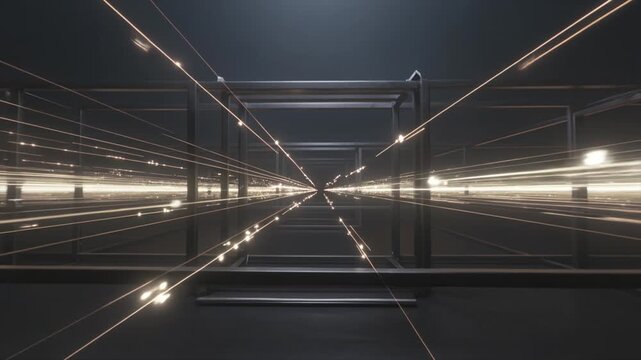 Nighttime cityscape with moving lights.