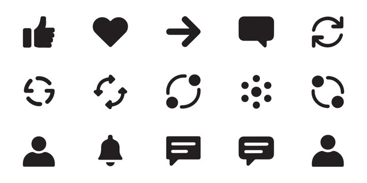 Flat social media action icons with like heart share repost comment and user profile silhouettes.
