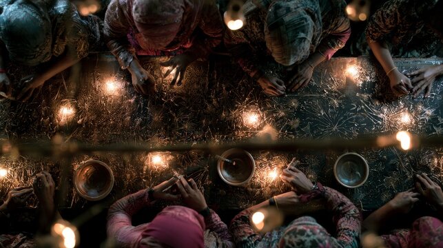 Communal hands gathered around a table with warm bokeh lights, intimate overhead shot
