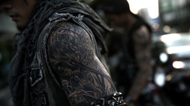 Close-up shot of warrior portrait with dark tribal tattoo and dramatic lighting