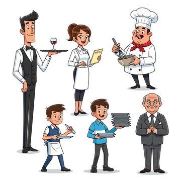 Restaurant Staff Cartoon Characters: Waiter, Chef, Waitress, Customers, Busboy