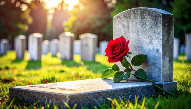 Headstone with a red rose lying on a grave. AI