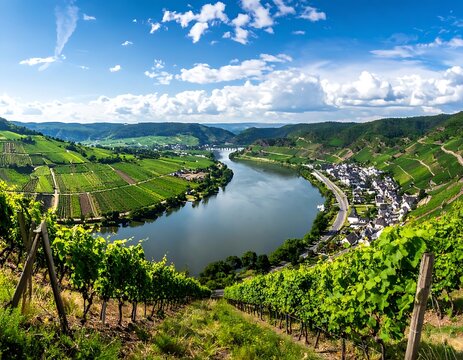 Expansive vista of a meandering river through a lush valley, with neatly terraced vineyards lining the rolling hills under a blue sky