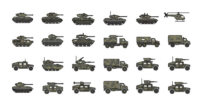 Pixel Art Military Vehicles Collection: Tanks, Trucks, Helicopter, Humvees