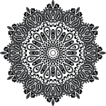 Intricate black and white mandala design with floral patterns and dots