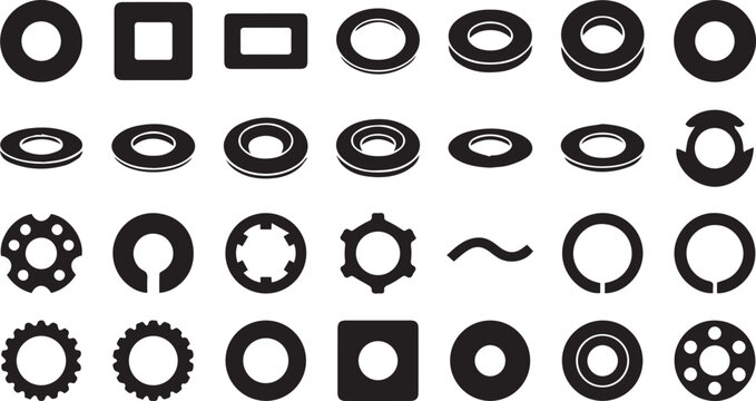 Industrial Flat Washer and Shim Silhouette Vector Icon Grid