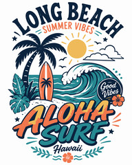 Long Beach Aloha Surf Vibes: Artistic illustration capturing the essence of Long Beach surf culture, featuring a palm tree, surfboard, and ocean waves. Evokes a sense of summer and good vibes. © Ahmed