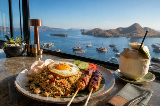 Luxury Indonesian Nasi Goreng with Satay and Fresh Young Coconut Overlooking Scenic Labuan Bajo Morning View