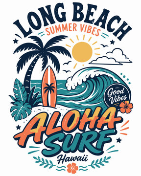 Long Beach Aloha Surf Vibes: Artistic illustration capturing the essence of Long Beach surf culture, featuring a palm tree, surfboard, and ocean waves. Evokes a sense of summer and good vibes.