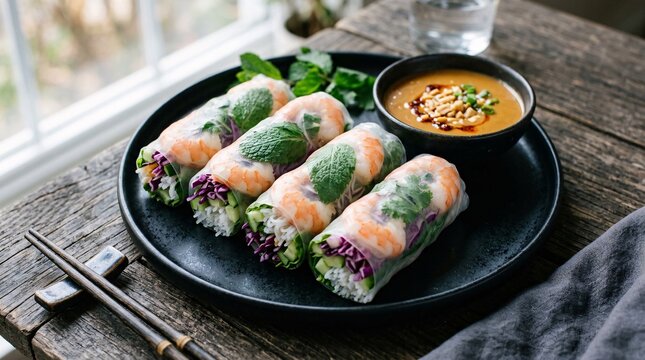 Translucent delicate rice paper rolls tightly packed with bright pink shrimp, vermicelli, fresh mint, and purple cabbage, peanut sauces.