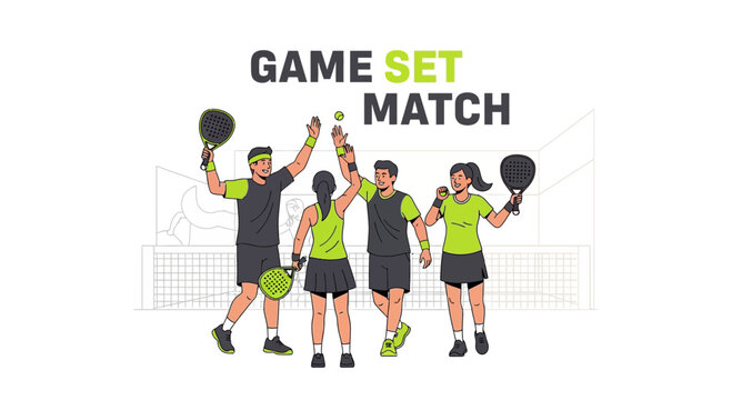 Illustration Of Friends Celebrating Padle Tennis Victory After Game Set Match in Vector