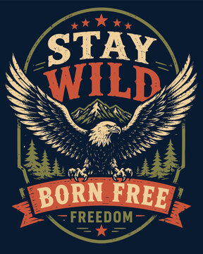 Eagle's Wild Freedom: A striking illustration of a powerful eagle with spread wings, soaring above a mountain landscape. Inspired by the ethos of nature, freedom, and the wild.