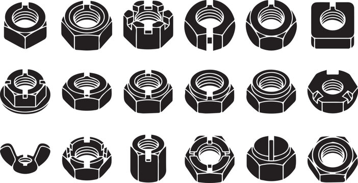 Industrial Slotted Nut Silhouette Vector Icon Grid