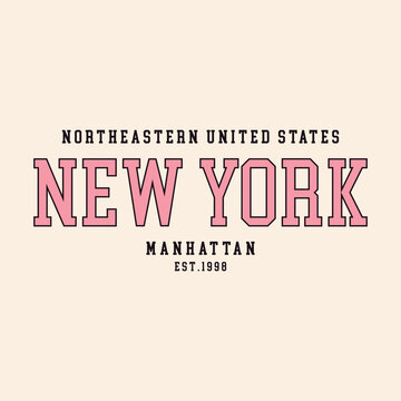 Preppy pink New York Manhattan 1998 varsity typography vector illustration. Cute pastel collegiate aesthetic graphic for retro Y2K streetwear t-shirt print and apparel.