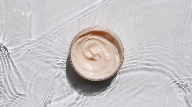 A jar of white cream on a water surface. Splash of water, sunlight and shadows. Layout for advertising goods, cosmetic products. Medical skin care, body care. High quality 4k footage