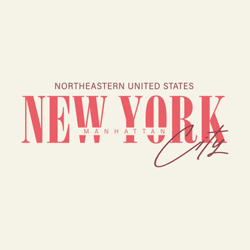 Elegant pastel pink New York City Manhattan typography vector illustration. Chic preppy aesthetic graphic with cursive script for retro t-shirt print, poster, and stylish apparel.