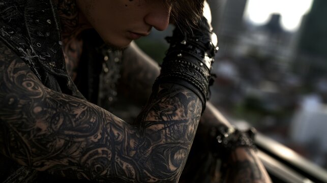 Mysterious Portrait of Tattooed Woman Looking Down in City View