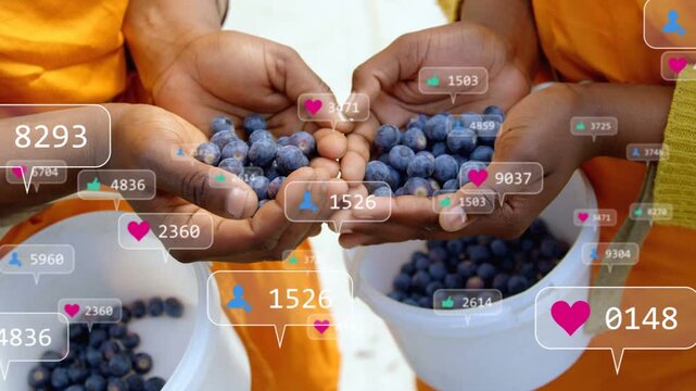 Two pairs of cupped hands presenting berries, reaction icons rising and fading, showing social buzz