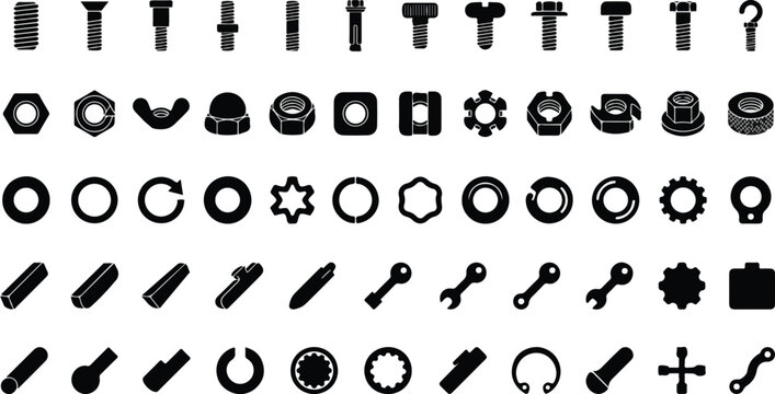 Large set of professional mechanical hardware icons featuring various screws bolts hex nuts washers and industrial shaft keys isolated on white background for engineering design