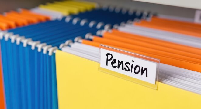 Colorful file folders labeled pension in office storage system