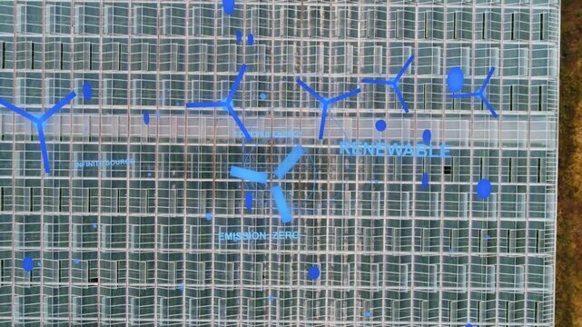 Glass-roof structure with blue overlays appearing camera moving down showing crops for renewables