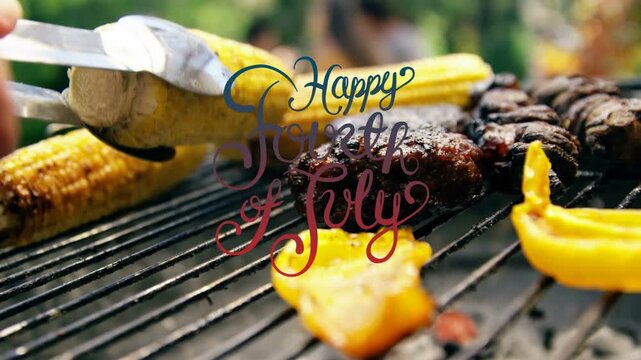 Tongs approaching corn, hand flipping, pressing, cooking evenly for Fourth of July cookout