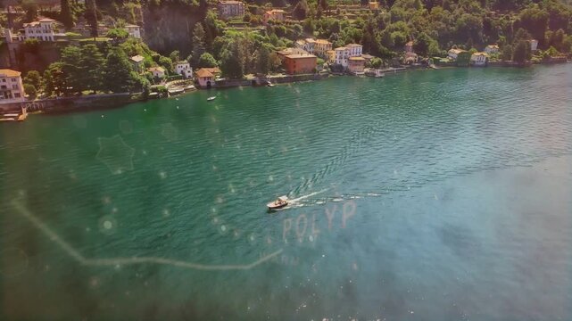 Engine starting, small motorboat cruising across lake, leaving V-shaped wake for leisure cruise