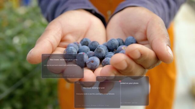 Cupped hands holding blueberries staying as alerts appear and stack over palms to show distraction