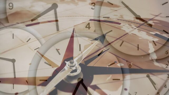 On play central pivot rotating clockwise while clocks crossfading, map revealing time direction