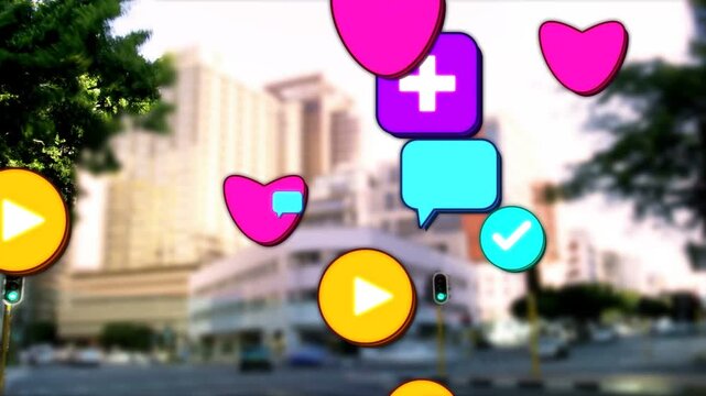Social icons spawning offscreen, moving toward camera, scaling up, filling street, showing buzz