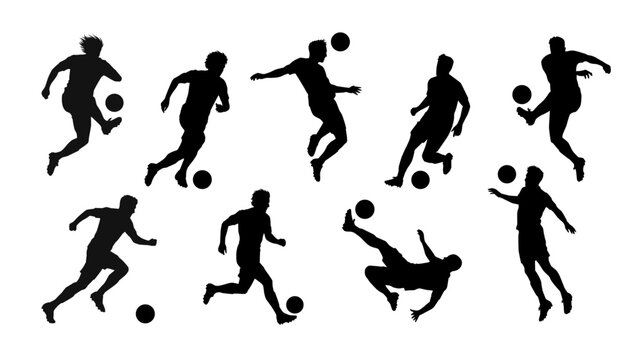 Vector set of soccer player black silhouettes in action isolated on white
