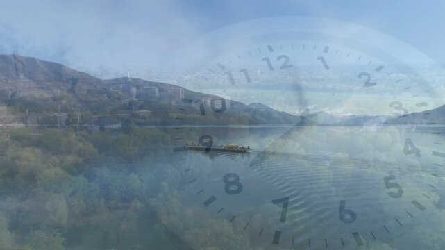 Clock overlay starting rotation, boat moving left across lake leaving ripples, showing time passing