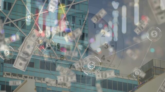 On activation, dollar layer moving across building, bills falling, nodes linking to show cash flow