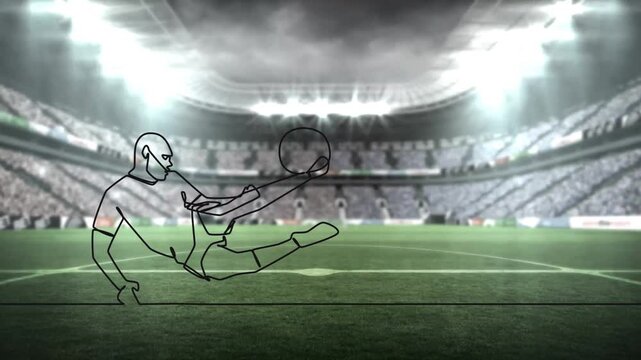 Thin line appearing forming soccer player sliding and striking ball showing kick in stadium