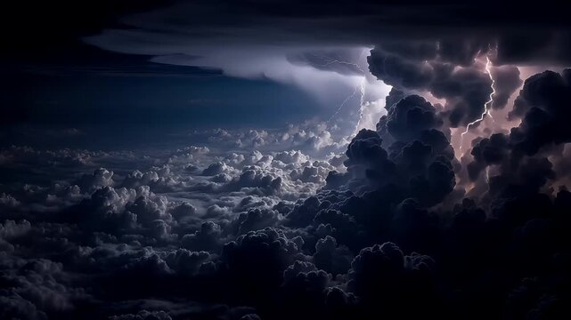 Travel trip journey. A dramatic depiction of a stormy sky. The main subject is a large, swirling cloud formation with a distinct lightning bolt striking through it.