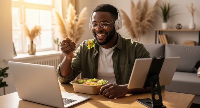 Smiling African American man eating salad while working on laptop and tablet at home desk