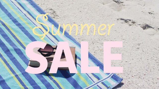 Yellow Summer pink SALE appearing midframe covering book, shades on towel, fading to promote sale