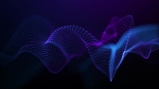 Blue and violet particle wave flowing through dark digital space. Glowing dotted amplitude landscape with smooth neon motion and abstract data stream patterns. Elegant technology audio modern science